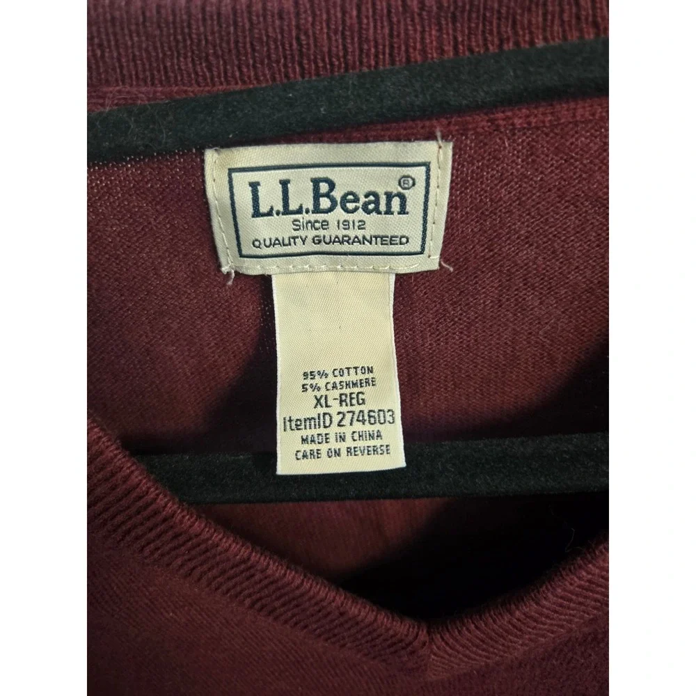 L.L.Bean Men's XL Regular V-Neck Cotton Cashmere Sweater Maroon Burgundy‎